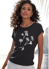 Lascana Kurzarmshirt 'mit schimmerndem Blumenprint' schwarz Gr. 32/34 für Damen. Mit Rundhals. Bequem. Nachhaltig.
