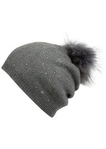 Damen Bommelmütze, grau, feminin,klassisch,modisch, Capelli New York, unifarben, Feinstrick, Strick, Materialmix, Mützen, mit Fellbommel-Akzent
