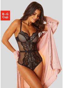 Lascana Damen Body, Gr. 90, schwarz, Netz, Obermaterial: 60% Polyamid, 35% Polyester, 5% Elasthan, feminin, Bodies, aus floraler Spitze und