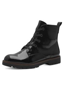 Tamaris Damen Schnürboots, Gr. 39, schwarz, Lacksynthetik, glänzend, modisch, Schuhe, Blockabsatz, Schnürstiefelette in veganer Verarbeitung