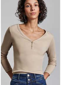 Street One Damen Langarmshirtcotton beige, casual, Gr. 46, unifarben, Rippware, Obermaterial: 48% Baumwolle, 48% Modal, 4% Elasthan, Shirts, mit