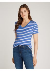Tommy Hilfiger Damen T-Shirt "CODY, Slim Fit", blau, casual, Gr. S, gestreift, Jersey, Obermaterial: 100% Baumwolle, Shirts, mit V-Ausschnitt