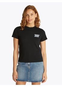 Tommy Jeans Damen T-Shirt "TJW REG TJ BUBBLE TEE", schwarz, casual, Gr. XS, unifarben, Jersey, Obermaterial: 100% Baumwolle, Shirts, mit Logodruck