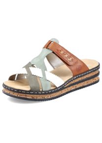 Rieker Damen Pantolette, Gr. 40, bunt, Lederimitat, elegant, Schuhe, Keilabsatz, Sommerschuh, Schlappen mit praktischem Klettriemchen