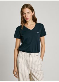 Pepe Jeans Damen V-Shirt "MACY V-NECK"dulwich blau 594, casual, Gr. S, unifarben, Single Jersey, Obermaterial: 100% Baumwolle, Shirts, mit