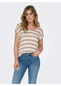 Only Damen V-Shirt "ONLLIRA LIFE S/S V-NECK TOP JRS NOOS"mocha meringue stripes:cloud dancer, modisch, Gr. M, gestreift, Single Jersey, Obermaterial: