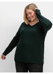 sheego Große Größen V-Ausschnitt-Pullover in flauschiger Qualität, tiefgrün, Größe 48/50 - Damen