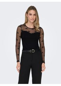 Only Damen Spitzenshirt "ONLSABINA L/S O-NECK MIX TOP BOX JRS"schwarz detail:bow mesh, modisch, Gr. L, unifarben, Jersey, Obermaterial: 97% Nylon, 3%