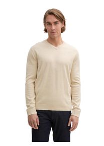 Tom Tailor Herren V-Ausschnitt-Pullover, beige, casual, Gr. L, Strick, Obermaterial: 100% Baumwolle, Pullover, mit kleiner Logo-Stickerei