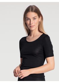 Calida Damen Kurzarmshirt "True Confidence", Gr. XS, schwarz, Rippware, Obermaterial: 70% Schurwolle, 30% Seide, unifarben, casual, Shirts, mit