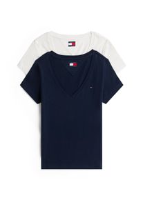 Tommy Jeans Damen T-Shirt "TJW 2PACK V-NECK TEE", blau, casual, Gr. S, unifarben, Jersey, Obermaterial: 100% Baumwolle, Shirts, mit Logostickerei