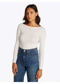 Tommy Jeans Damen Langarmshirt "TJW BOAT NECK TOP LS", beige, casual, Gr. XS, unifarben, Jersey, Obermaterial: 95% Baumwolle, 5% Elasthan, Shirts,