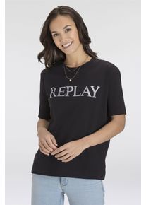 Replay Damen T-Shirt, schwarz, casual, Gr. S, Single Jersey, Obermaterial: 100% Baumwolle, Shirts, mit Markenprint vorne