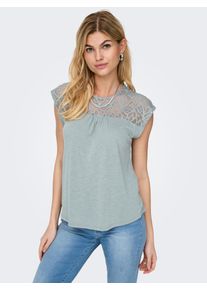 Only Damen Spitzenshirt "ONLSINDY LIFE S/S O-NECK MIX TOP JRS", blau, modisch, Gr. L, unifarben, Jersey, Obermaterial: 65% Polyester, 35% Viskose,
