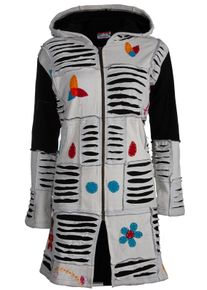 DEPROC Active Damen Strickmantel "Patchwork Mantel Multicolor FLOWER POWER LIGHT GRAY mit Kapuze", grau, casual, Gr. 4XL, 100% Baumwolle, Mäntel