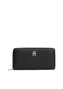Tommy Hilfiger Geldbörse "TH DISTINCT LRG ZA", schwarz, Lederimitat, Kleinlederwaren, Damen Geldbeutel, Portemonnaie mit goldfarbenem TH-Logoelement