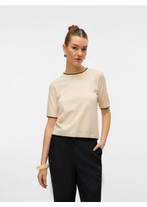 Véro Moda VERO MODA Damen Kurzarmpullover "VMBREEZE SS O-NECK PULLOVER BOO", beige, modisch, Gr. XS, unifarben mit Farbeinsatz, Strick, Obermaterial: 52%