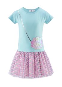 happy girls Mädchen Midikleid, blau, casual, Gr. 116, bedruckt, Jersey, Obermaterial: 95% Baumwolle, 5% Elasthan. Futter: 100% Polyester. Unterteil: