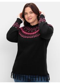sheego Gro&szlig;e Gr&ouml;&szlig;en Norwegerpullover mit Fransen am Saum, schwarz-gemustert, Gr&ouml;&szlig;e 44/46 - Damen