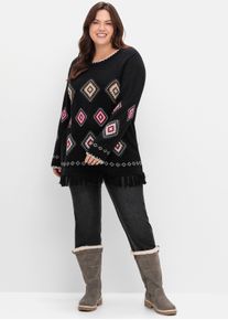 sheego Gro&szlig;e Gr&ouml;&szlig;en Rundhalspullover mit Ethno-Muster, schwarz-gemustert, Gr&ouml;&szlig;e 52/54 - Damen