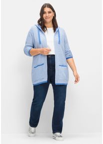 sheego Große Größen Kapuzenstrickjacke in langer Form, jeansblau-geringelt, Größe 42 - Damen