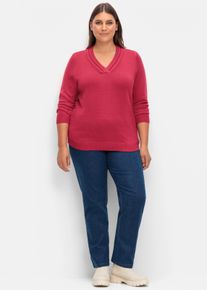 sheego Große Größen V-Ausschnitt-Pullover mit Rollkante, himbeere, Größe 48 - Damen