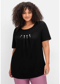 sheego Große Größen Kurzarmshirt mit Ziersteinchen, reine Viskose, schwarz, Größe 56 - Damen