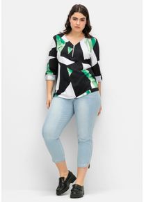 sheego Große Größen Shirt mit krempelbaren Ärmeln, schwarz-apfel-gemustert, Größe 50 - Damen