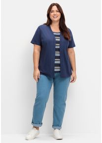 sheego Große Größen 2-in-1-Shirt mit gestreiftem Einsatz, marine, Größe 44 - Damen