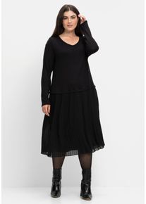 sheego Große Größen Strickkleid mit plissiertem Chiffonrock, schwarz, Größe 50 - Damen