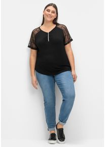 sheego Große Größen Spitzenshirt mit transparenten Ärmeln, schwarz, Größe 46 - Damen