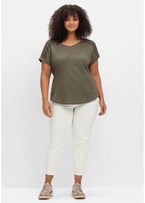 sheego Große Größen V-Shirt mit Spitzen-Besatz, oliv, Größe 40 - Damen