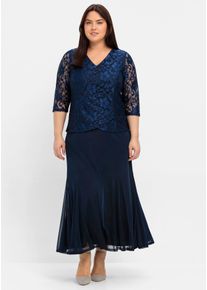 Abendkleid sheego "Abendkleid", Damen, Gr. 58, Normalgr&ouml;&szlig;en, blau (marine), 100% Polyester, unifarben, lang, V-Ausschnitt, Kleider Abendkleid