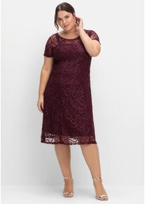 Spitzenkleid sheego "Spitzenkleid", Damen, Gr. 40, Normalgr&ouml;&szlig;en, lila (aubergine), Spitze, 100% Polyamid, unifarben, knielang, Rundhals, Kleider Spitzenkleid