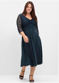 Abendkleid sheego "Abendkleid", Damen, Gr. 52, Normalgr&ouml;&szlig;en, blau (nachtblau), 95% Polyester, 5% Elasthan, Spitze:100% Polyamid, unifarben, wadenlang, V-Ausschnitt, Kleider Abendkleid