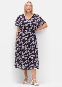 Sommerkleid sheego "Kleid", Damen, Gr. 54, Normalgr&ouml;&szlig;en, blau (marine, gemustert), 100% Polyester, gebl&uuml;mt, gemustert, lang, V-Ausschnitt, Kleider Sommerkleid