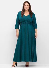 Abendkleid sheego "Abendkleid", Damen, Gr. 44, Normalgr&ouml;&szlig;en, blau (petrol), 66% Viskose, 16% Polyamid, 15% metallisierte Fasern, 3% Elasthan, unifarben, wadenlang, V-Ausschnitt, Kleider Abendkleid