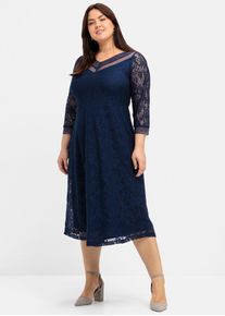 Spitzenkleid sheego "Abendkleid", Damen, Gr. 58, Normalgr&ouml;&szlig;en, blau (marine), 100% Polyamid, unifarben, wadenlang, V-Ausschnitt, Kleider Spitzenkleid