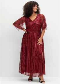 Abendkleid sheego "Abendkleid", Damen, Gr. 50, Normalgr&ouml;&szlig;en, rot (dunkelrot), 100% Polyester, unifarben, lang, V-Ausschnitt, Kleider Abendkleid