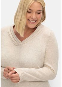 sheego Große Größen V-Ausschnitt-Pullover mit Rollkante, beige-meliert, Größe 42 - Damen