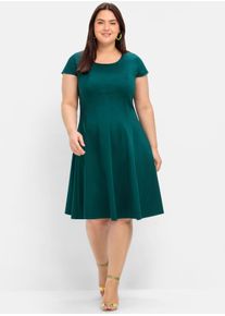 Cocktailkleid sheego "Cocktailkleid", Damen, Gr. 40, Normalgr&ouml;&szlig;en, gr&uuml;n (tiefgr&uuml;n), 97% Baumwolle, 3% Elasthan, unifarben, knielang, Rundhals, Kleider Cocktailkleid