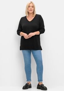 sheego Damen V-Ausschnitt-Pullover "V-Ausschnitt-Pullover", schwarz, Gr. 52, unifarben, 60% Viskose, 40% Polyester, Pullover