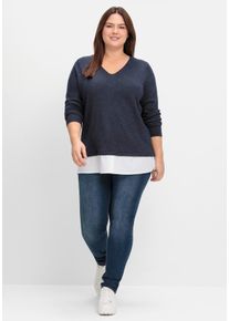 sheego Damen V-Ausschnitt-Pullover "Strickpullover"tiefblau, meliert, Gr. 56, unifarben, 50% Viskose, 26% Polyamid, 24% Polyester, Pullover
