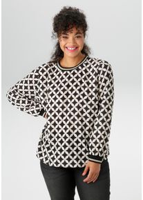 ANISTON PLUS Damen Shirtbluse, schwarz, modisch, Gr. 48, gemustert, Rautenmuster, Cru00eape, Obermaterial: 97% Polyester, 3% Elasthan, Blusen, in