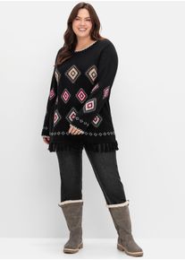 sheego Damen Strickpullover "Strickpullover", schwarz, Gr. 56, gemustert, ethno, mehrfarbig, 50% Baumwolle, 50% Polyacryl, Pullover