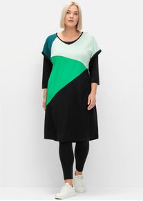 sheego Damen Shirtkleid "Shirtkleid", schwarz, Gr. 52, gemustert, mehrfarbig, Jersey, Single Jersey, 50% Baumwolle, 50% Modal, Kleider