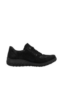 Rieker Damen Keilsneaker, Gr. 43, schwarz, Nubuklederimitat, unifarben, Reptilienprägung, sportlich, Schuhe, Schnürschuh, Halbschuh, Freizeitsneaker