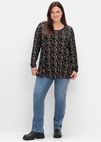 sheego Damen Langarmshirt "Langarmshirt", schwarz, Gr. 56, geblümt, gemustert, mehrfarbig, 95% Viskose, 5% Elasthan, Shirts