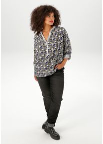 ANISTON PLUS Damen Schlupfbluseolive, marine, weiß, casual, Gr. 44, bedruckt, gemustert, Web, Obermaterial: 100% Viskose, Blusen, In trendigem