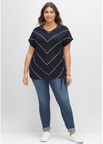 sheego Damen Kurzarmshirt "T-Shirt", blau, Gr. 48, gemustert, mehrfarbig, gestreift, 95% Viskose, 5% Elasthan, Shirts